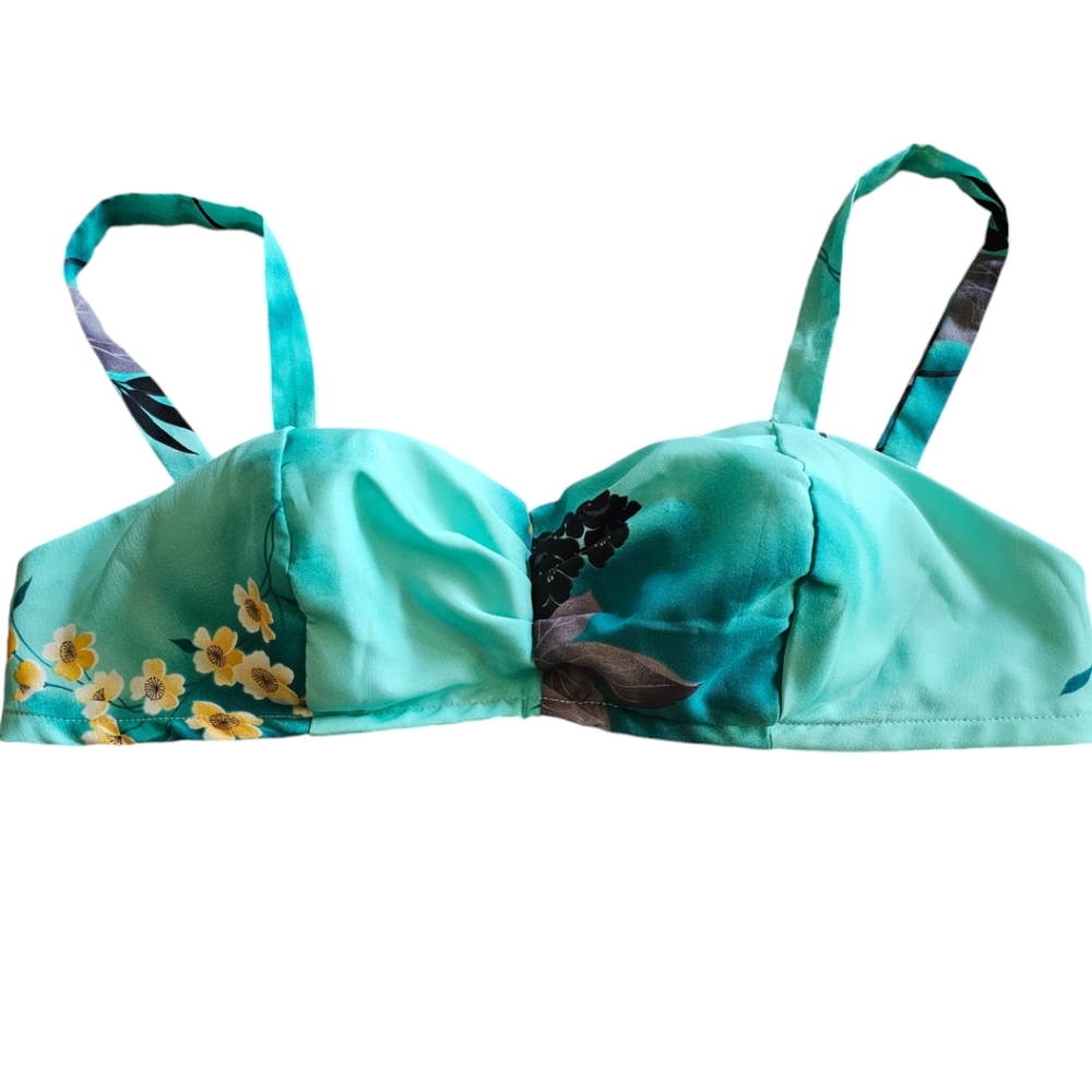 Vintage 1960's Bikini Top Turquoise Hawaiian Floral Beach Surf Vintage Size 14